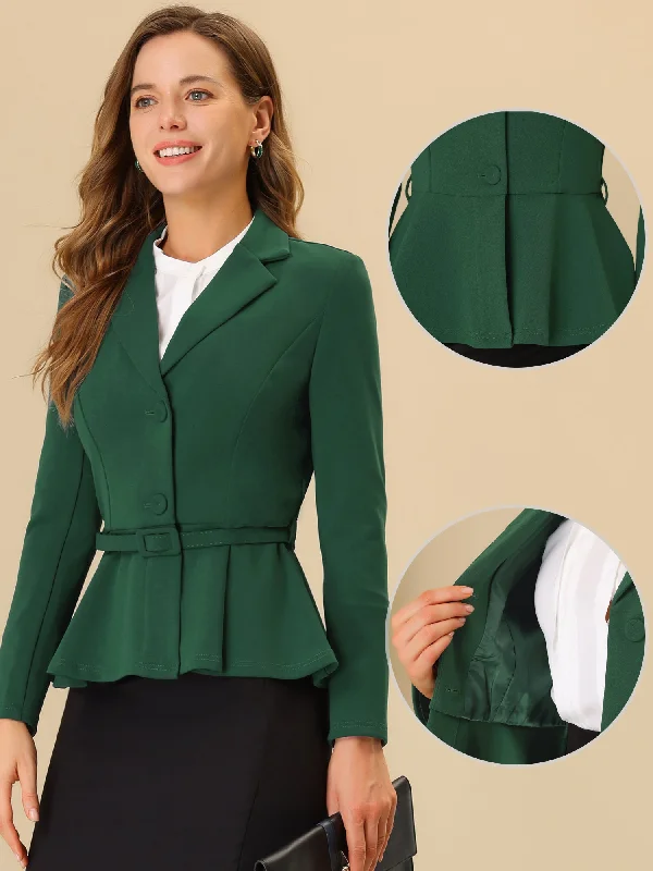 Vintage Ruffle Hem Belted Notched Lapel Office Work Blazer