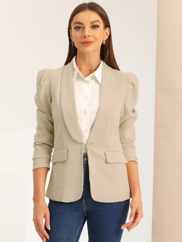 Work Office Casual Open Front Puff Sleeve Suit Blazer